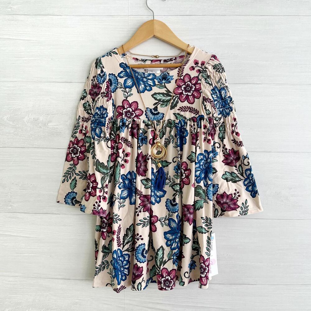 NWT Bonnie Jean - Multicolor floral smocked long sleeve dress with necklace sz 5